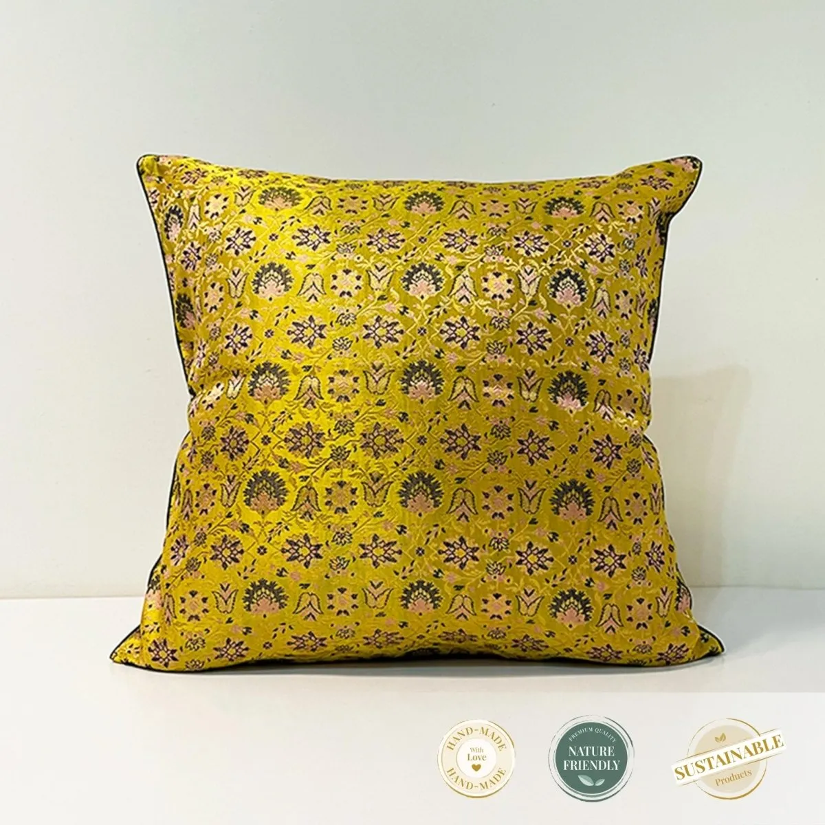 Banarasi Silk Cushion Cover in Lime