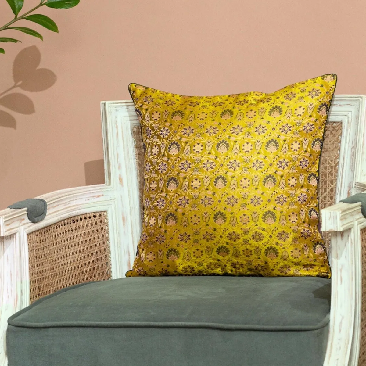 Banarasi Silk Cushion Cover in Lime