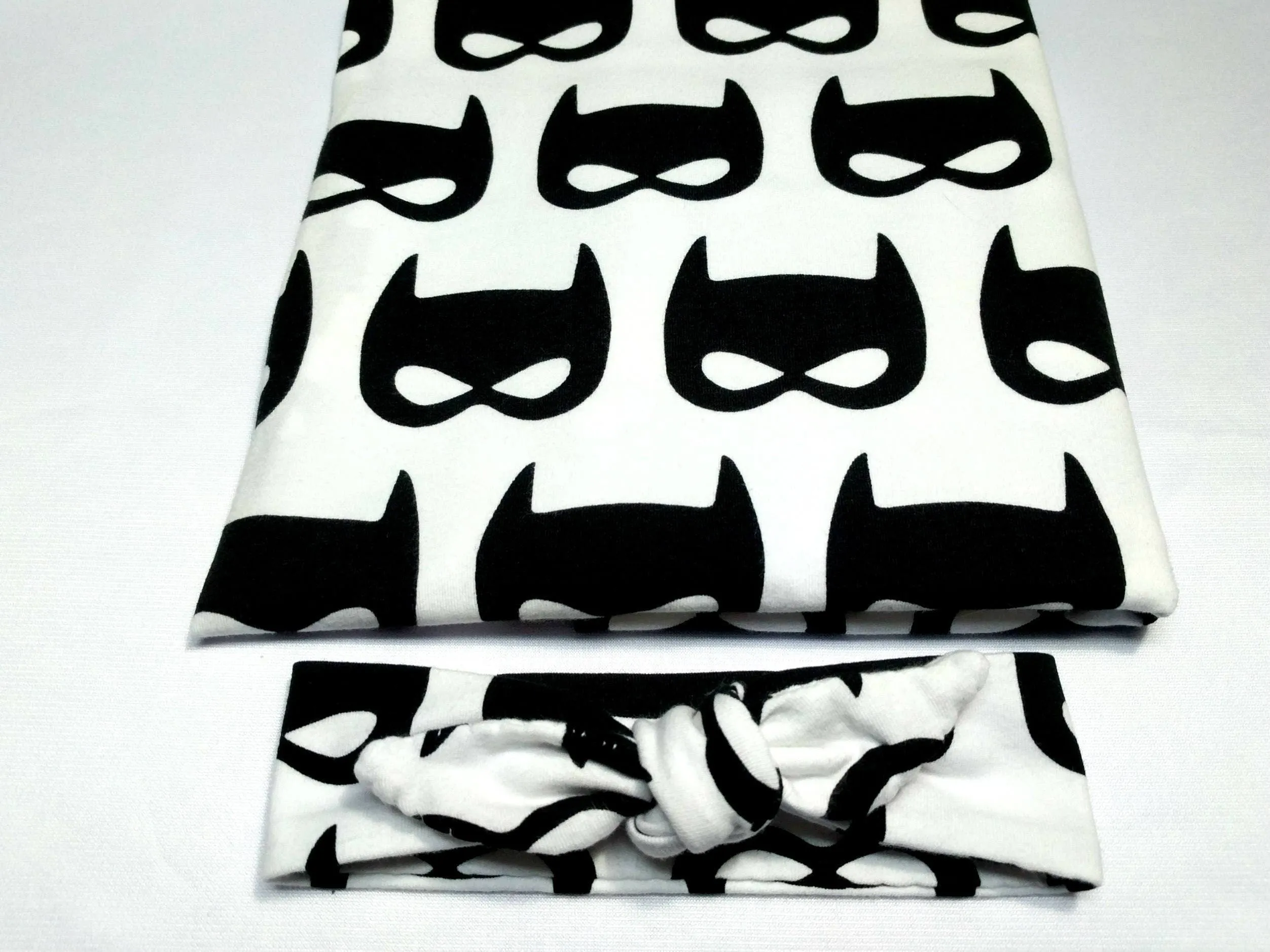 Bat Mask Baby Blanket Set, Black Bat on White Blanket   Cuffed Beanie or Headband,Super Hero Baby