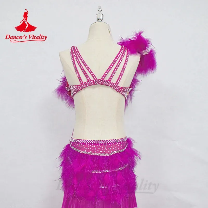 Bellydance Clothing Set Women Customized High End Luxury AB Stones Feather Suit Oriental Dance Professional Performance Costumes