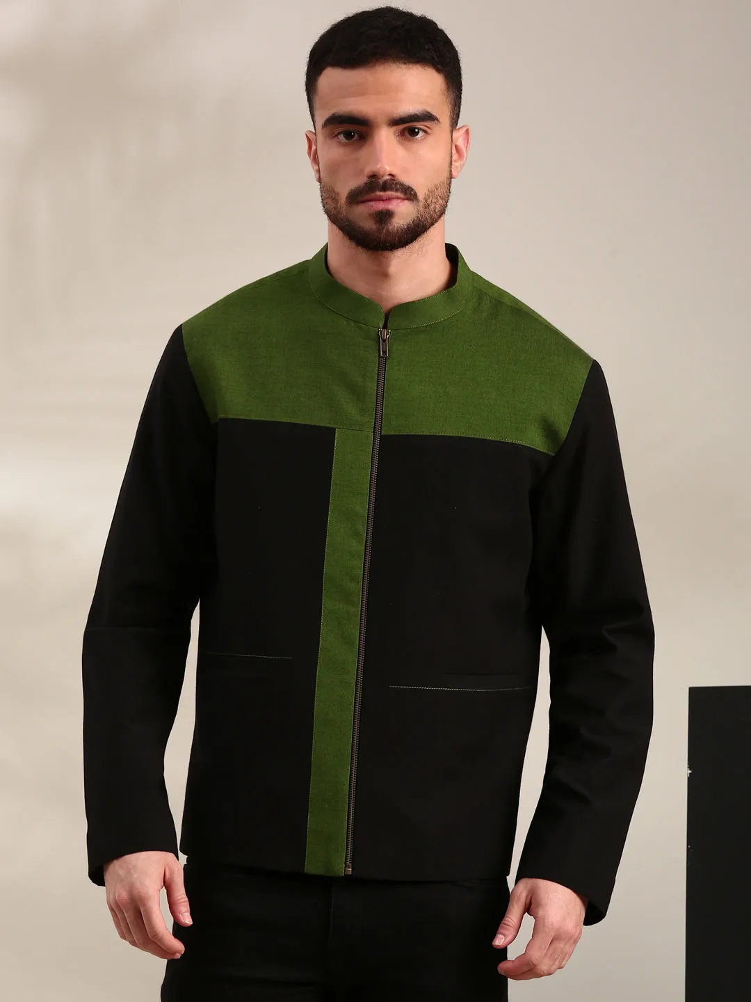 Black & Green Cotton Bomber Jacket