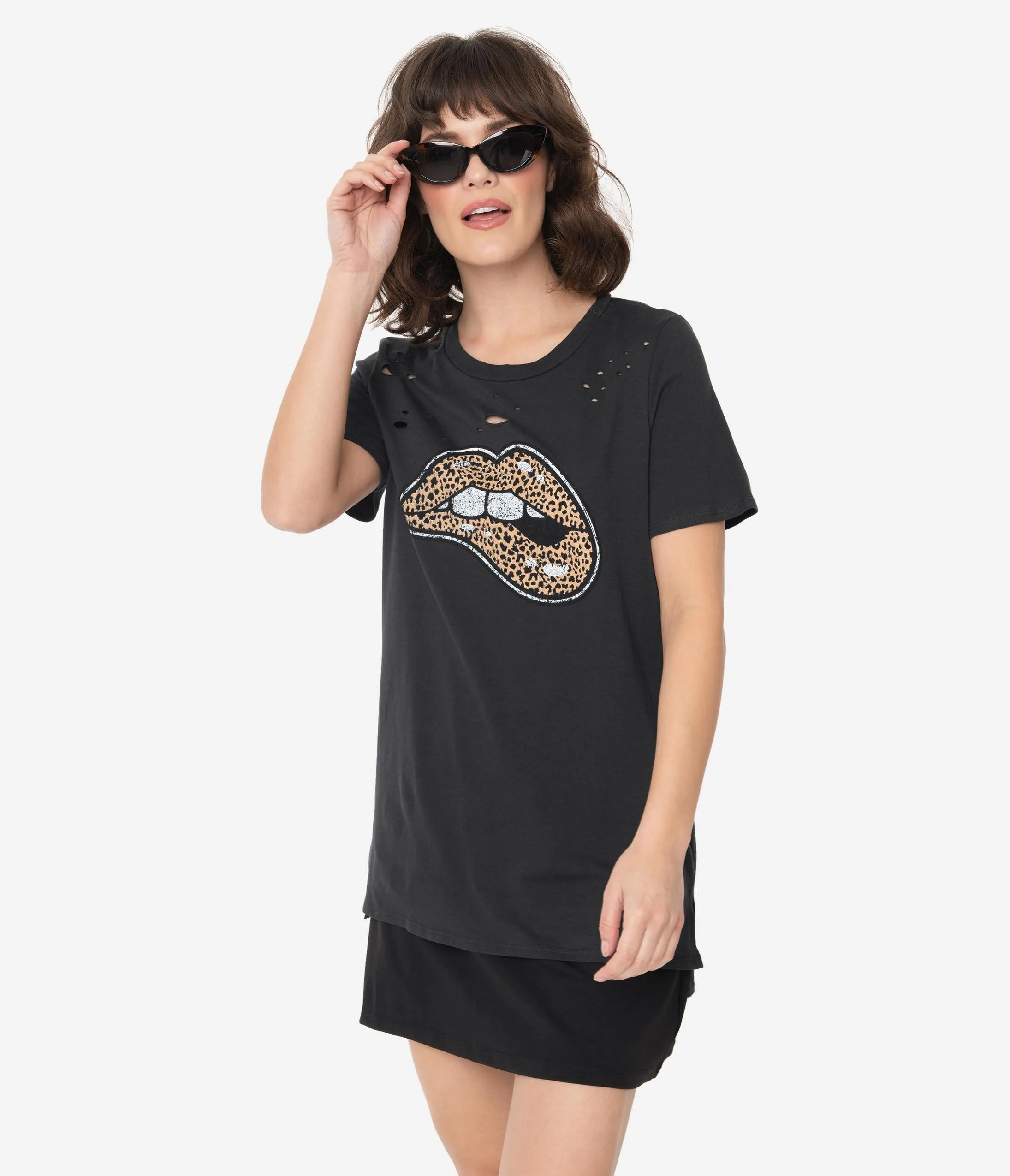 Black Leopard Lips Distressed Graphic Tee