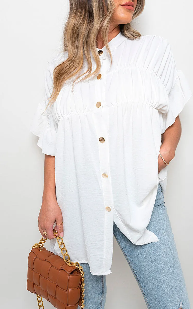 Button Down Pleated Frill Tops