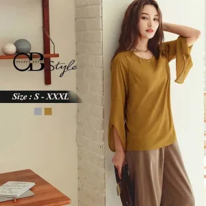 CHIFFON ROUND NECK ELEGANT A-LINE LONG SLEEVE TOPS