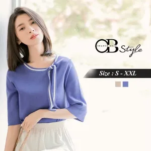 CONTRAST COLOR ELEGANT SHORT SLEEVE KNIT TOPS