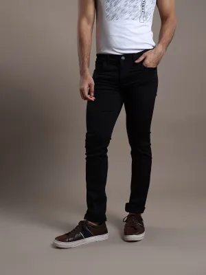 Cotton Stretch Black Plain Narrow Fit Flat Front Casual Jeans