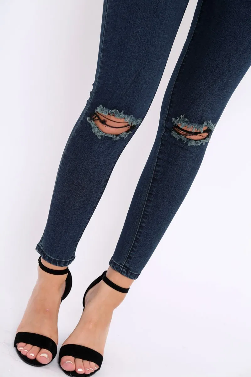 Dark Blue Ripped Knee High Waist Skinny Jeans -Leeya