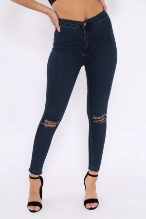 Dark Blue Ripped Knee High Waist Skinny Jeans -Leeya