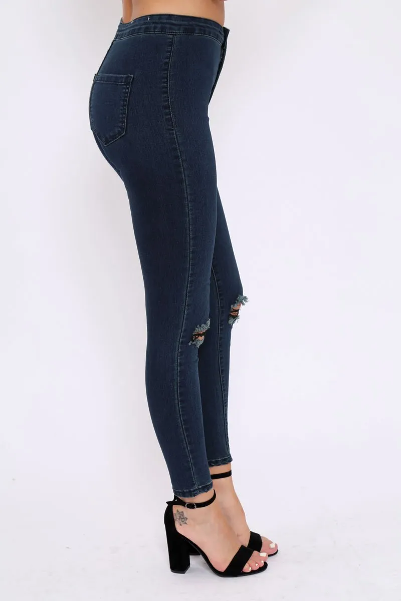 Dark Blue Ripped Knee High Waist Skinny Jeans -Leeya