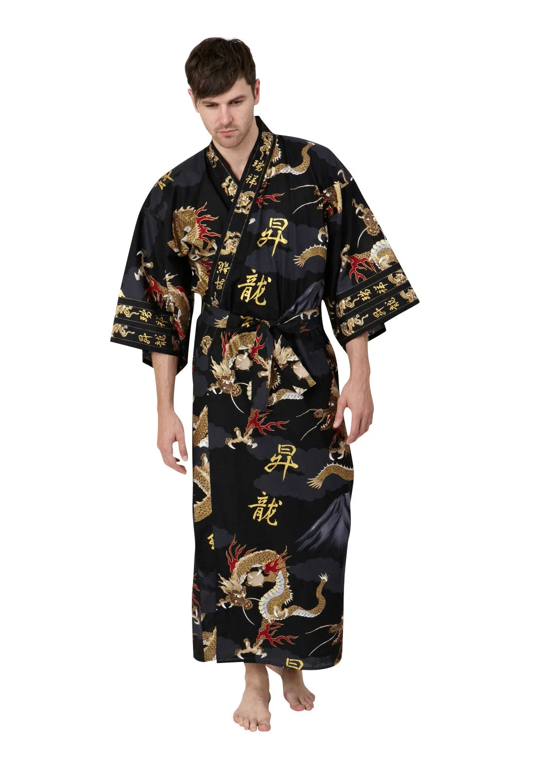 Dragon & Mt Fuji Long Cotton Kimono Black