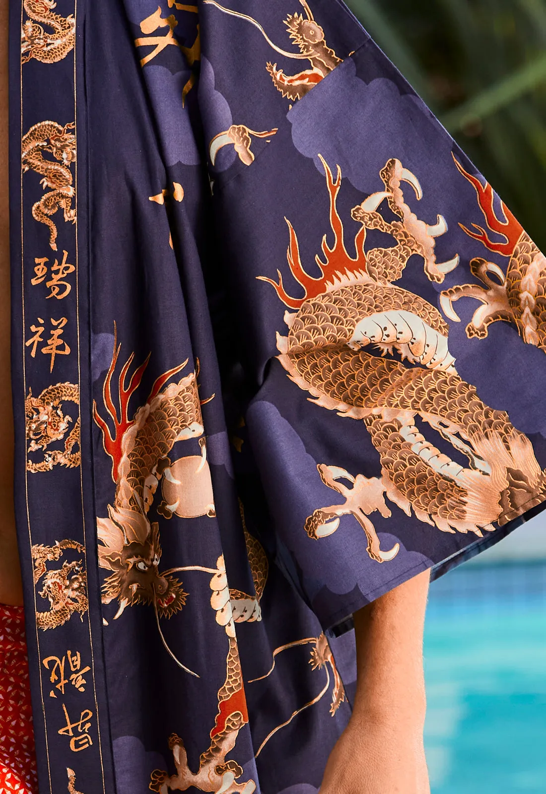 Dragon & Mt Fuji Long Men's Kimono Navy