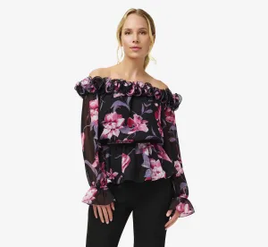 Floral-Print Chiffon Off-The-Shoulder Top With Rosettes In Black Multi