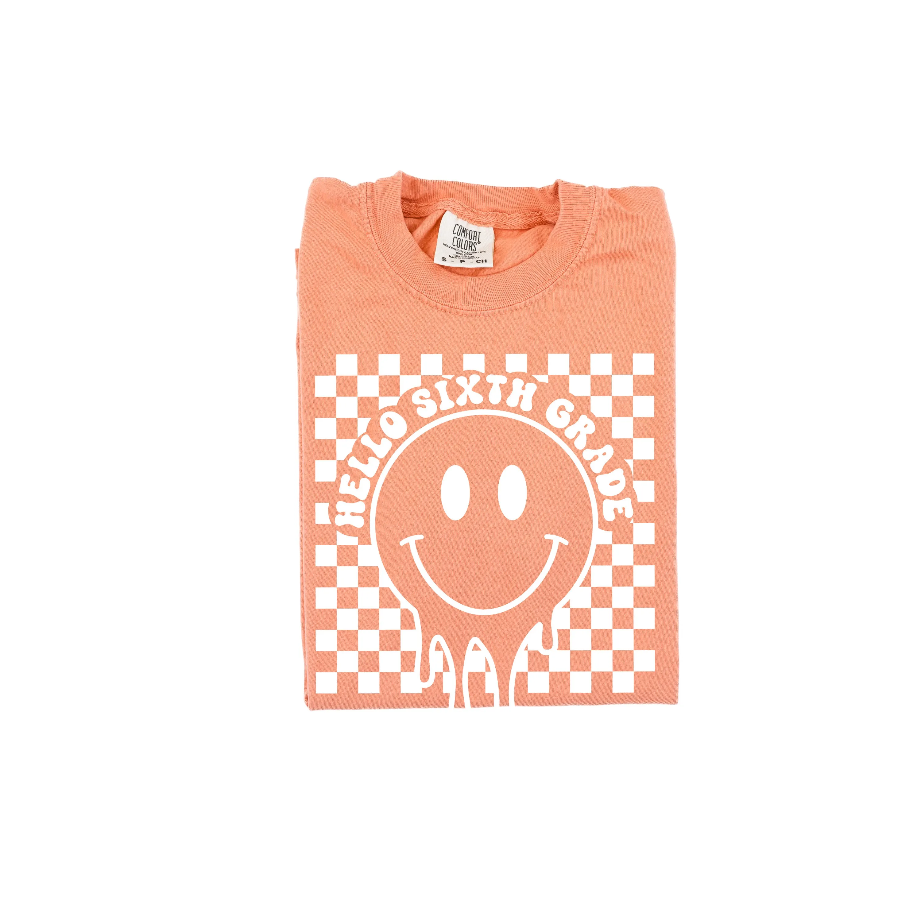 Hello Sixth Grade - Checker Smiley - SHORT SLEEVE COMFORT COLORS TEE