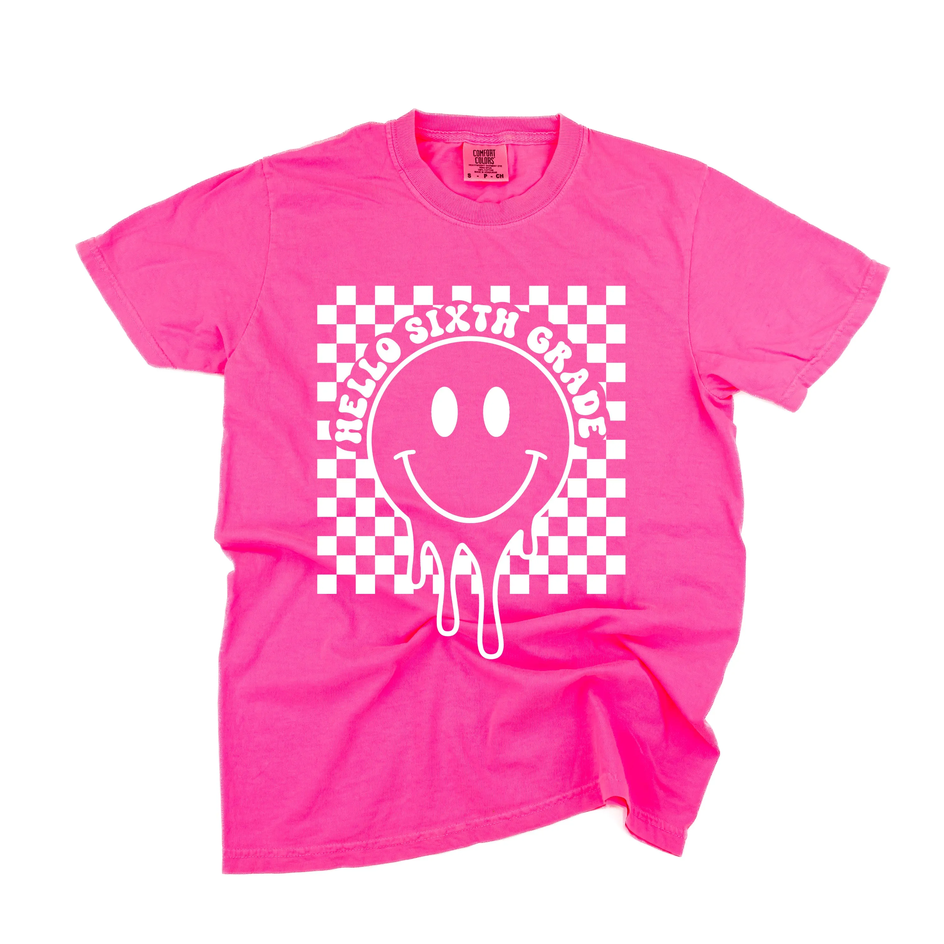 Hello Sixth Grade - Checker Smiley - SHORT SLEEVE COMFORT COLORS TEE