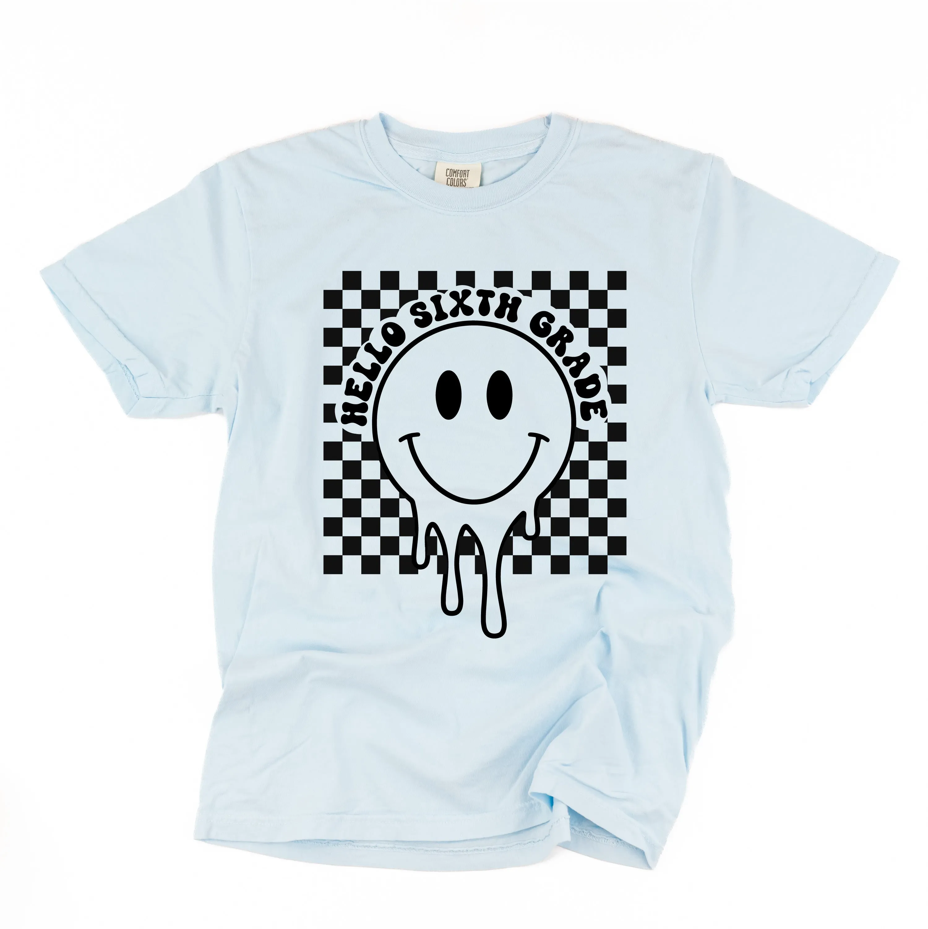 Hello Sixth Grade - Checker Smiley - SHORT SLEEVE COMFORT COLORS TEE