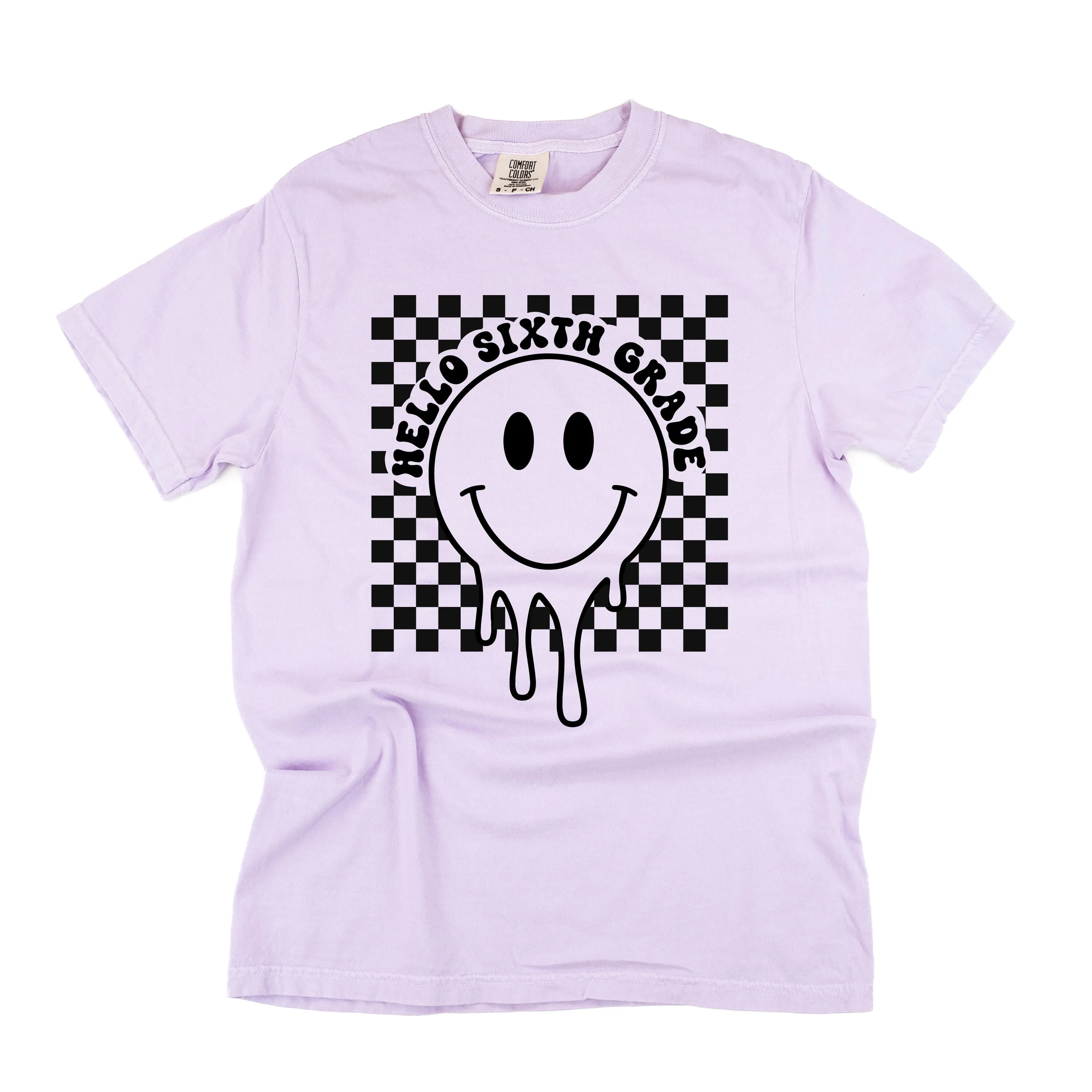 Hello Sixth Grade - Checker Smiley - SHORT SLEEVE COMFORT COLORS TEE