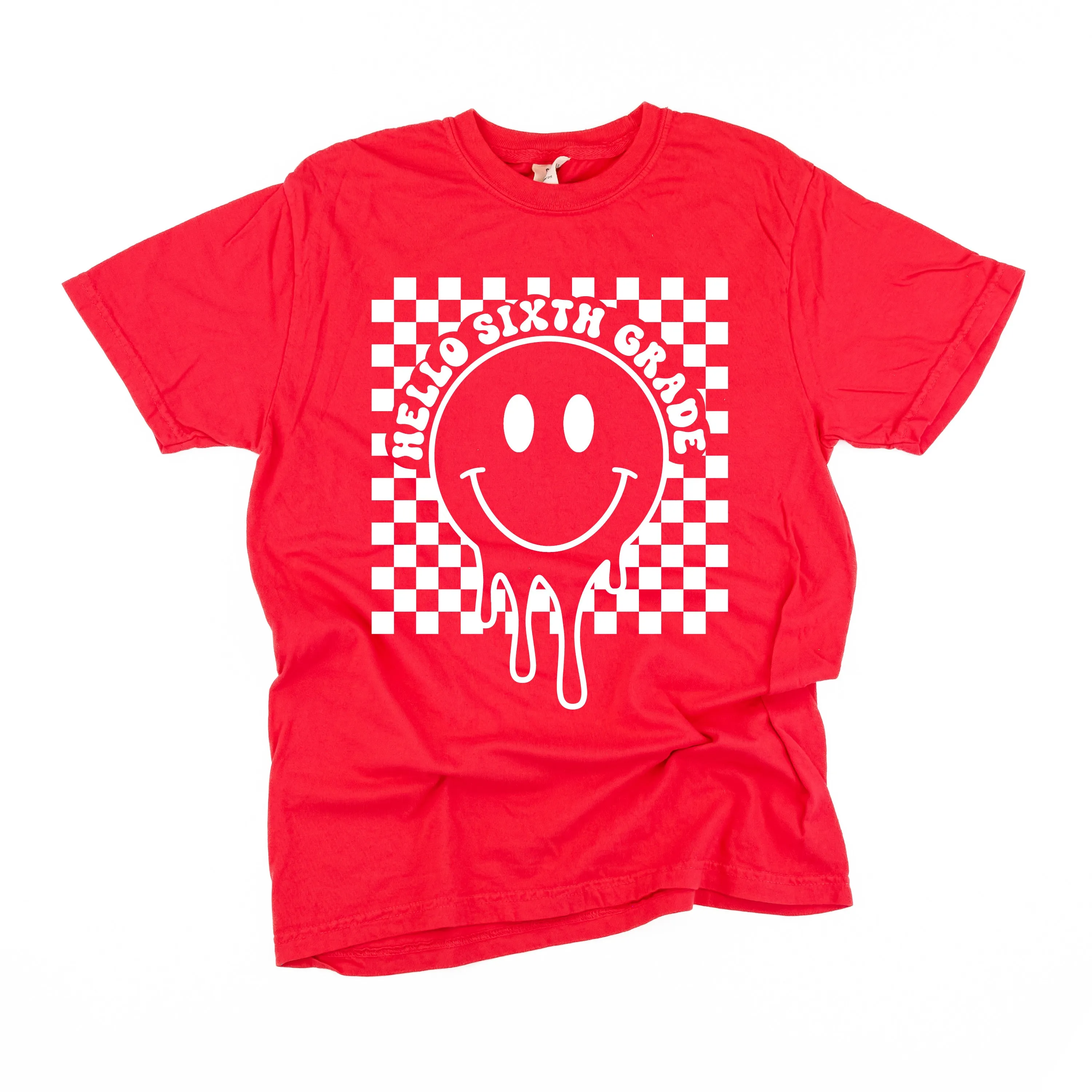 Hello Sixth Grade - Checker Smiley - SHORT SLEEVE COMFORT COLORS TEE