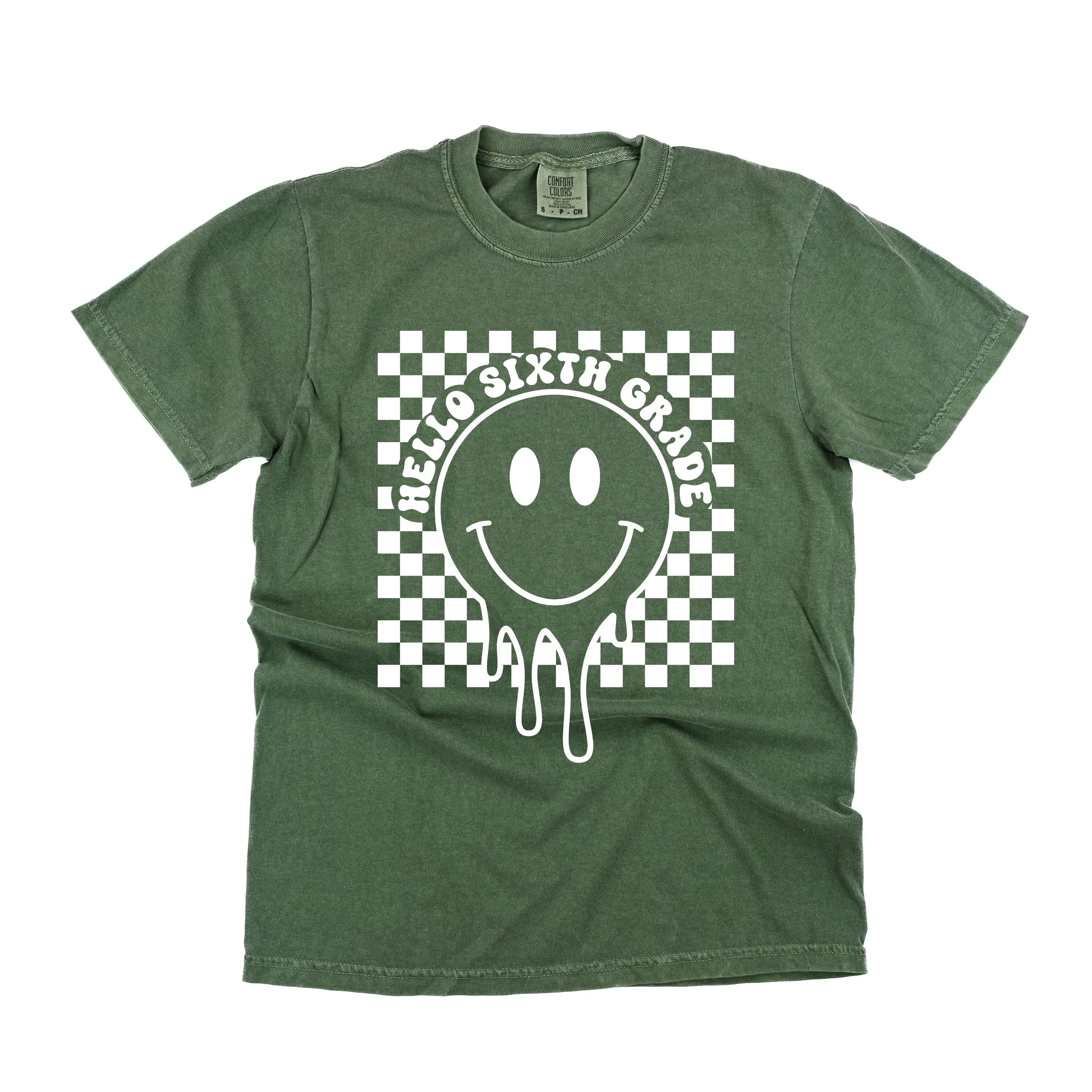 Hello Sixth Grade - Checker Smiley - SHORT SLEEVE COMFORT COLORS TEE