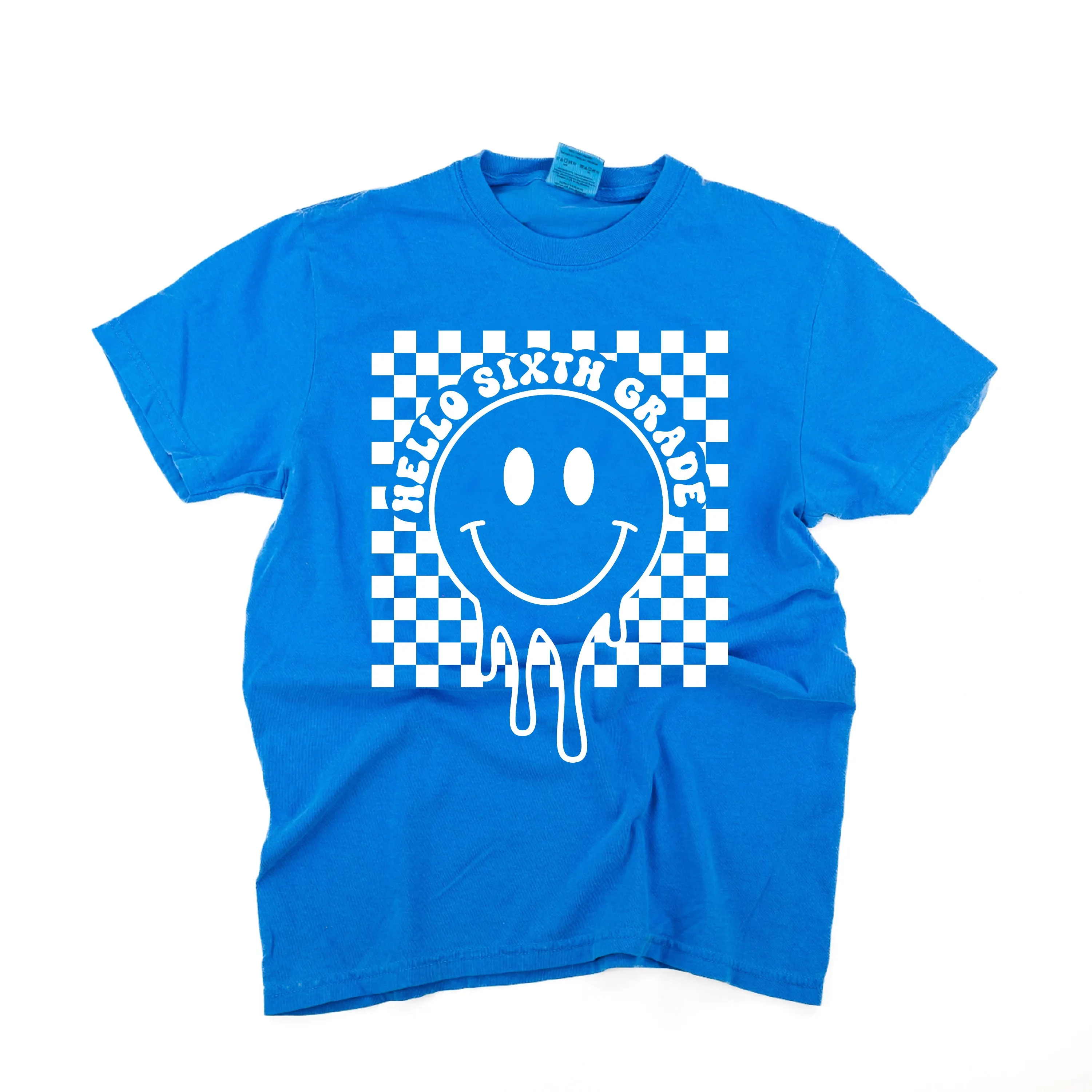 Hello Sixth Grade - Checker Smiley - SHORT SLEEVE COMFORT COLORS TEE