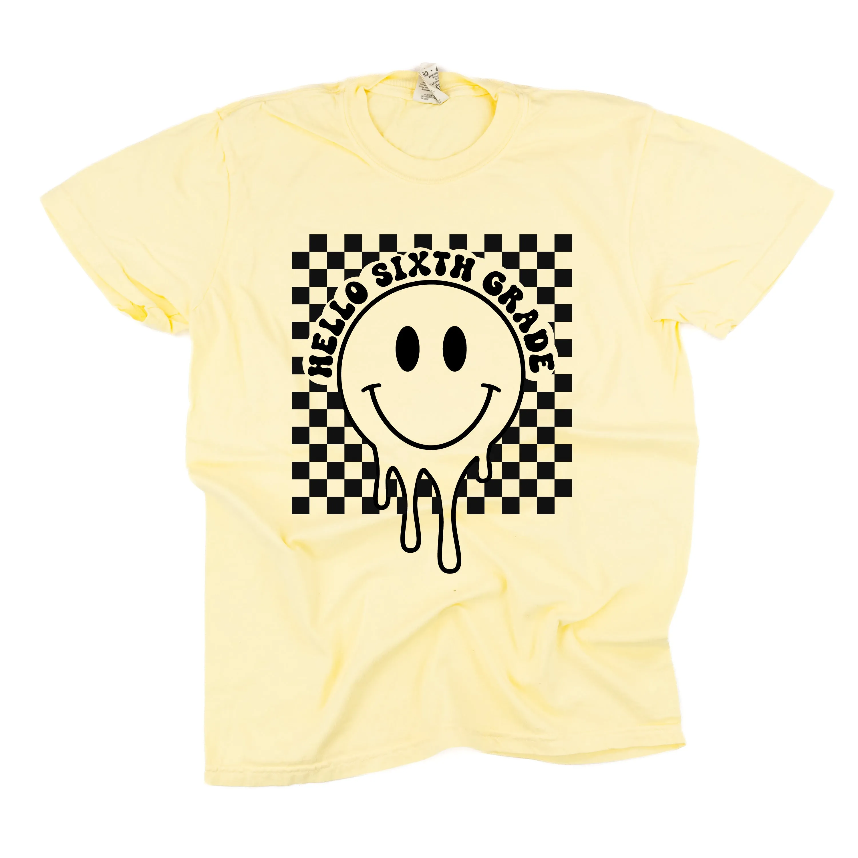 Hello Sixth Grade - Checker Smiley - SHORT SLEEVE COMFORT COLORS TEE