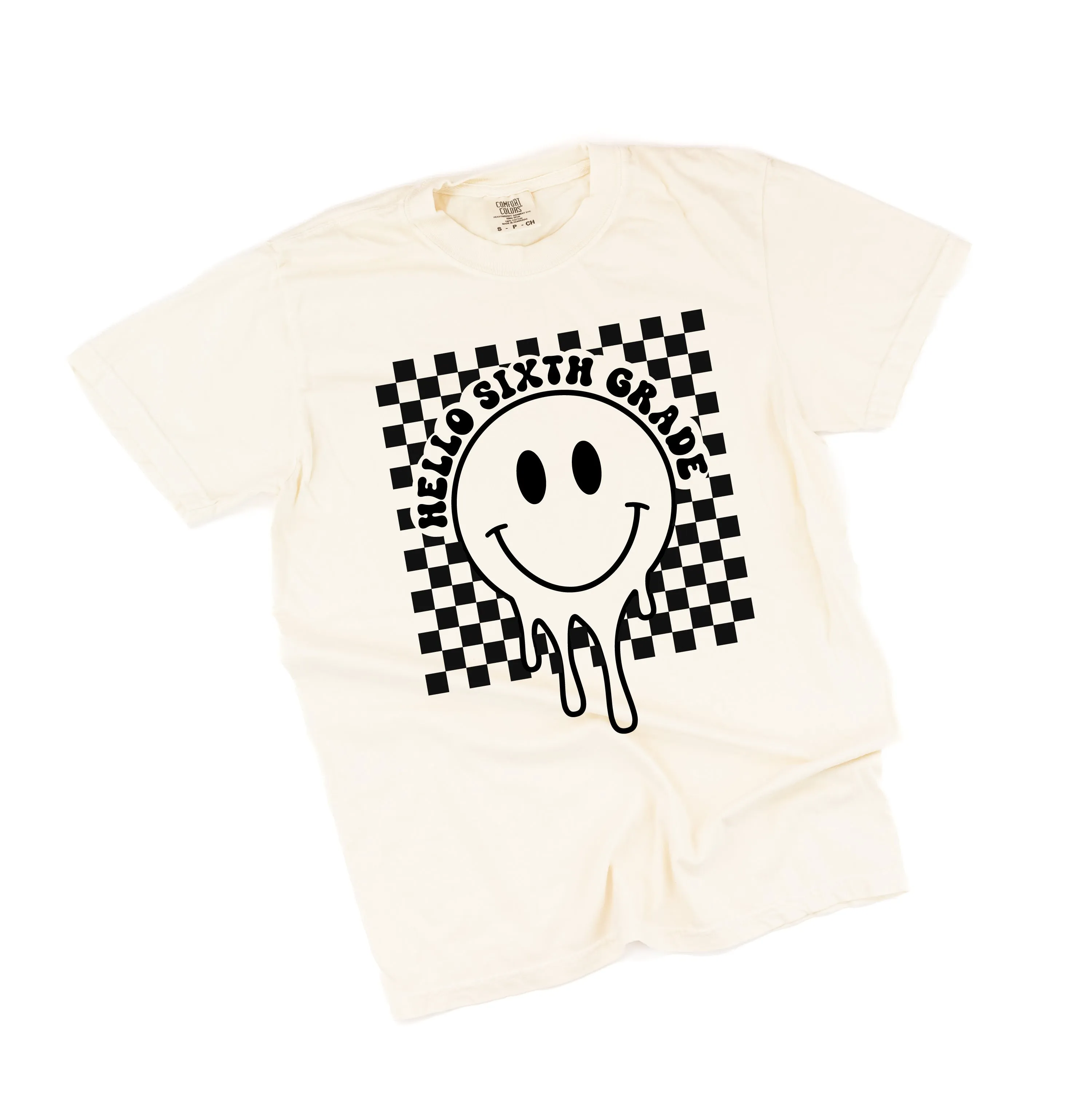 Hello Sixth Grade - Checker Smiley - SHORT SLEEVE COMFORT COLORS TEE