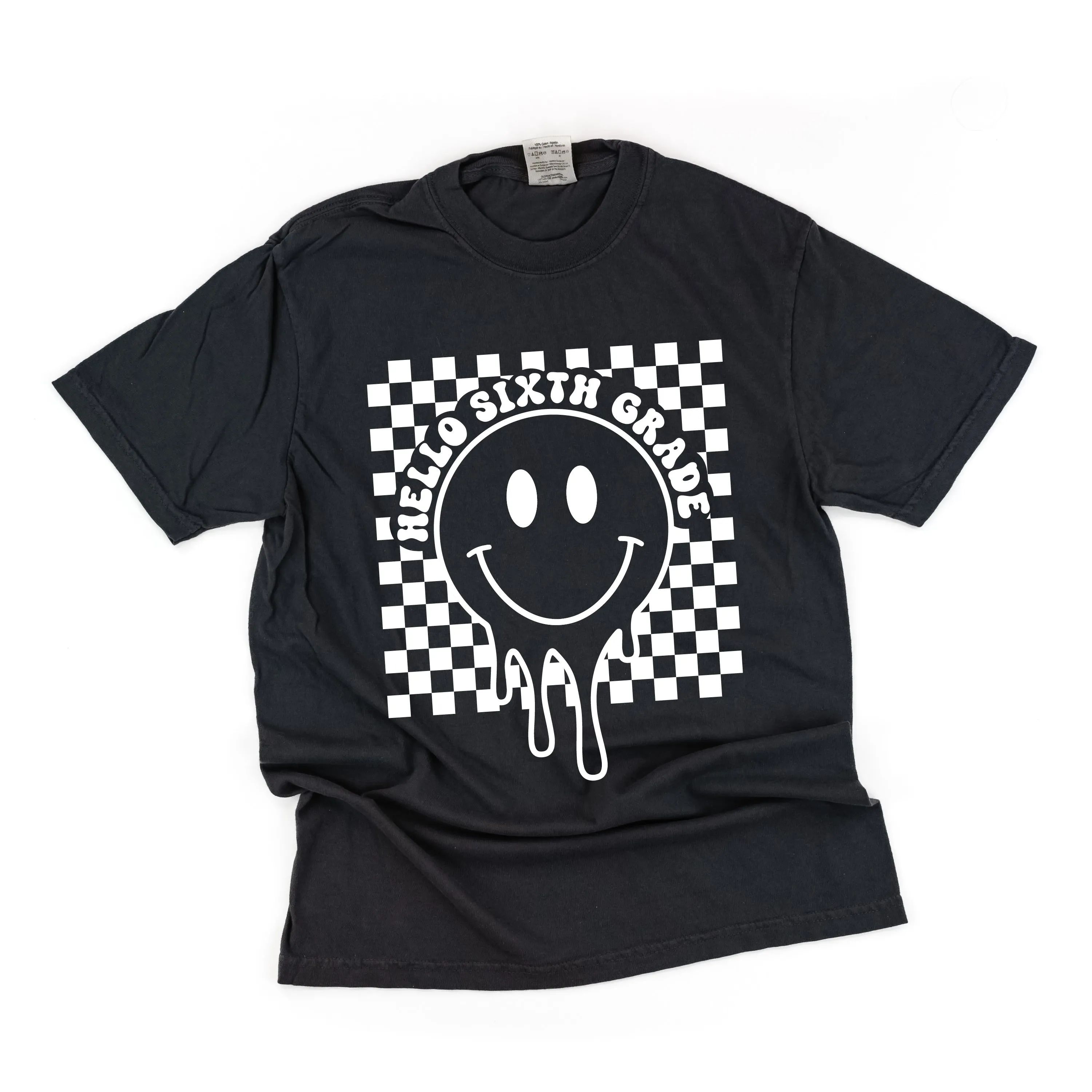 Hello Sixth Grade - Checker Smiley - SHORT SLEEVE COMFORT COLORS TEE