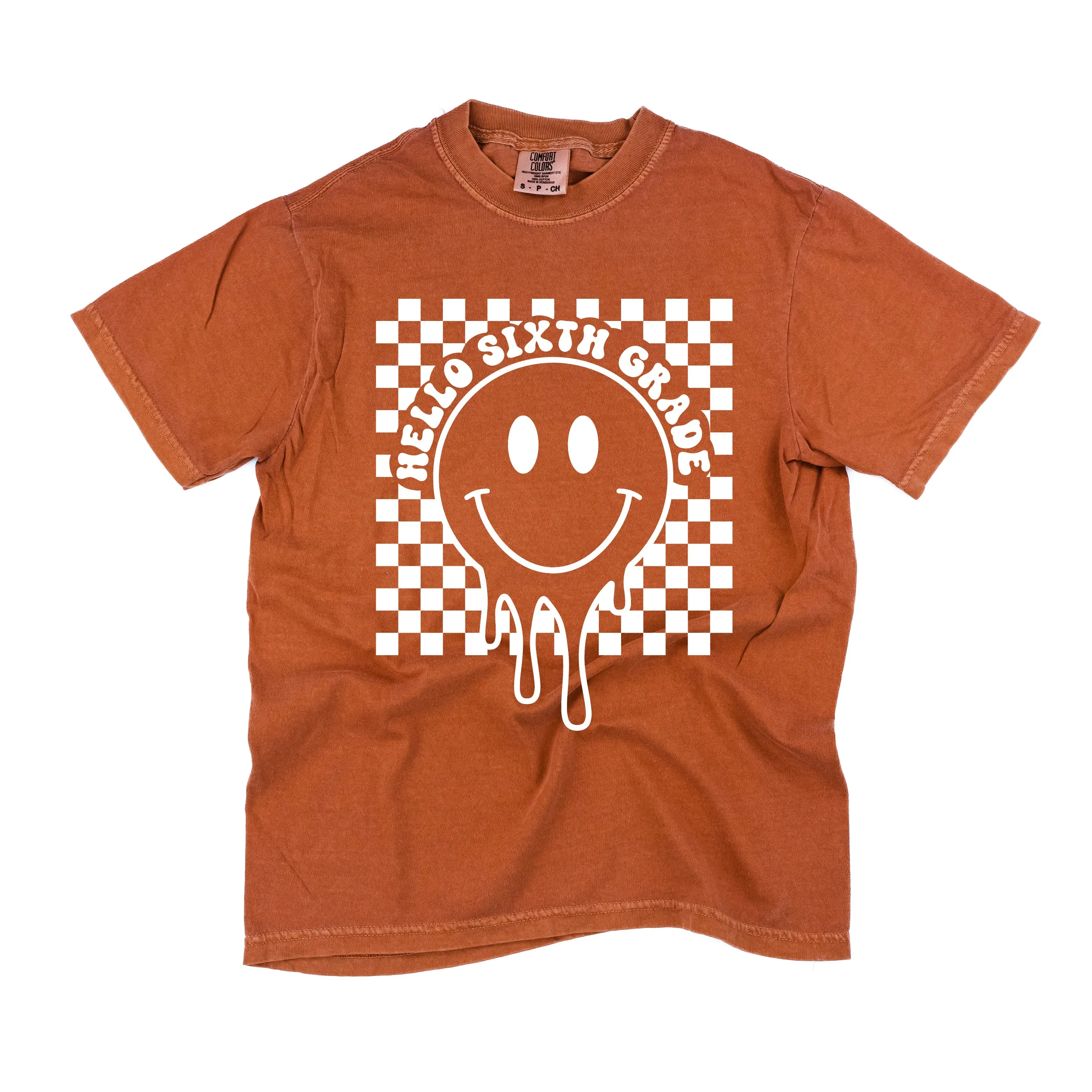 Hello Sixth Grade - Checker Smiley - SHORT SLEEVE COMFORT COLORS TEE