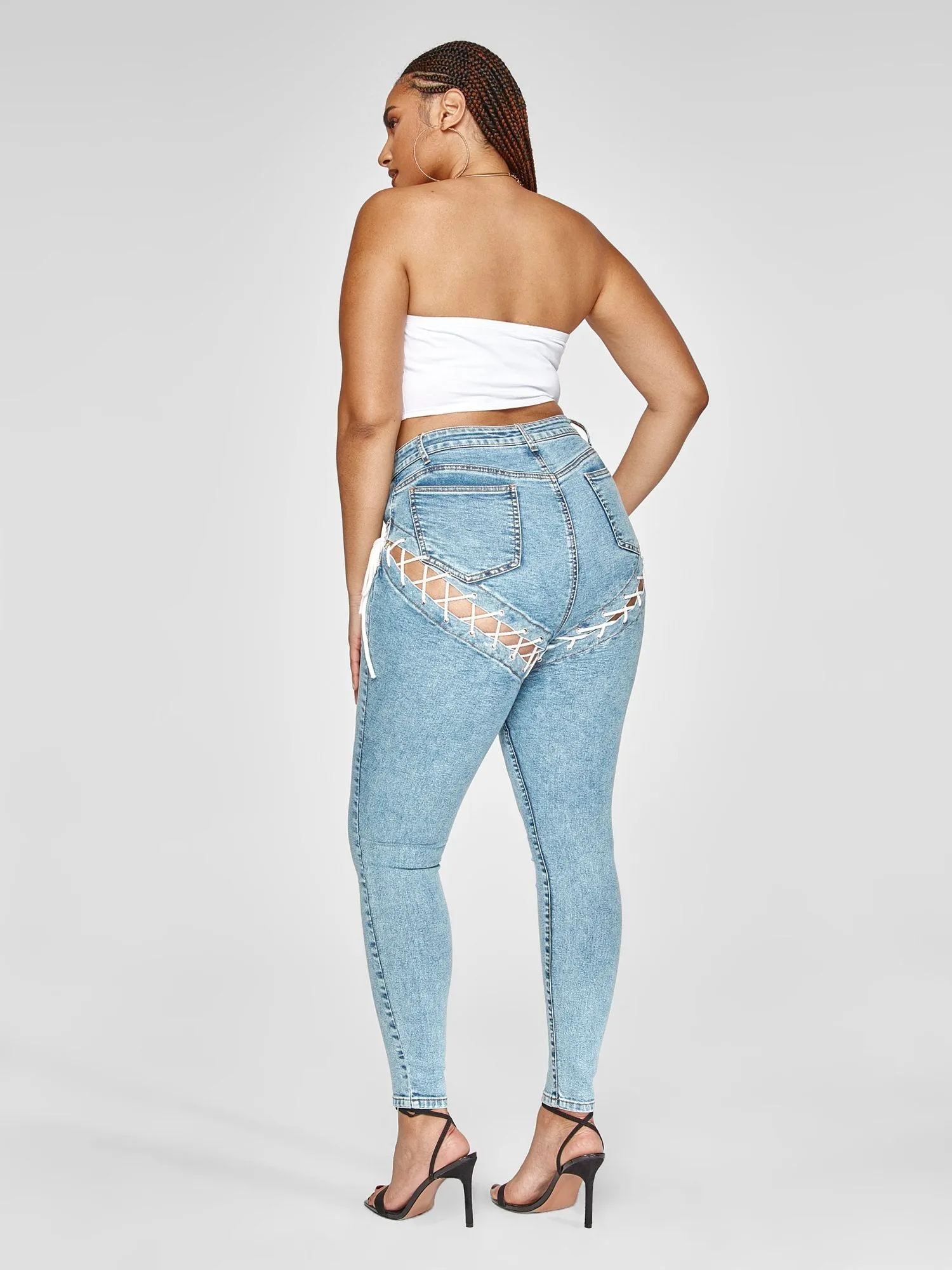 High Rise Lace-Up Detail Skinny Jeans