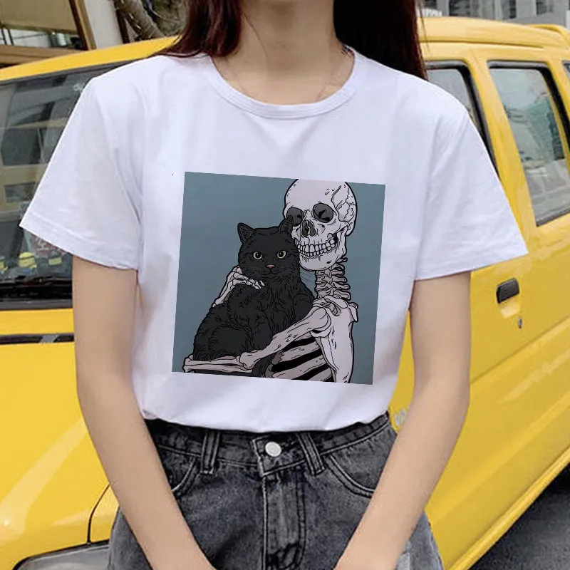 Horro Skull and Cat Femal Tshirt Top Tees kawai T-shirt