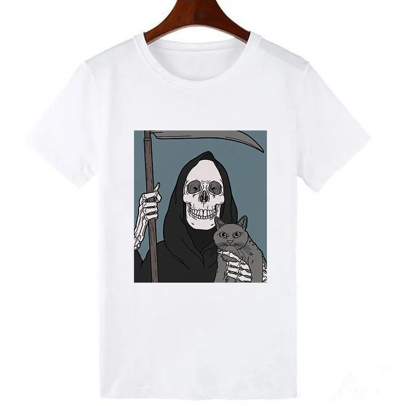 Horro Skull and Cat Femal Tshirt Top Tees kawai T-shirt