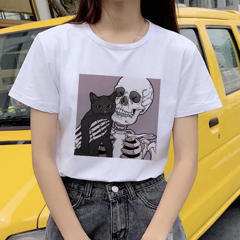 Horro Skull and Cat Femal Tshirt Top Tees kawai T-shirt