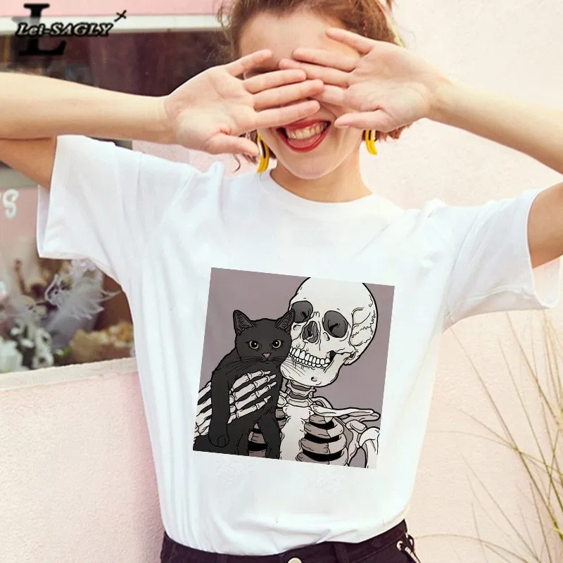 Horro Skull and Cat Femal Tshirt Top Tees kawai T-shirt