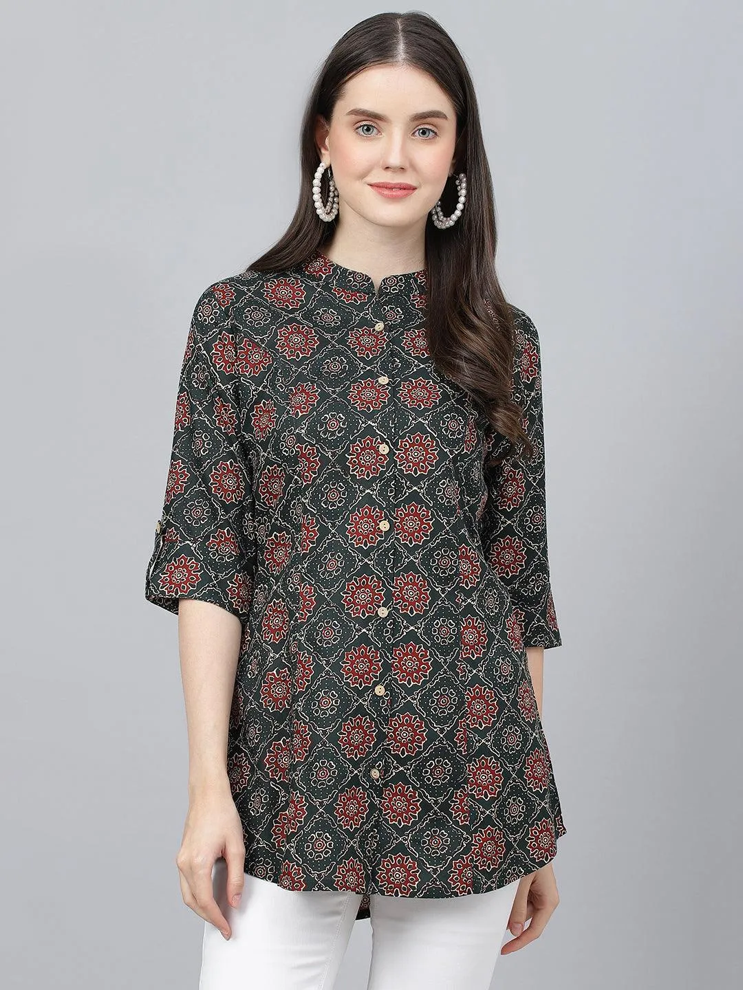 Jashvi Black Abstract printed Rayon A-line Shirts Style Top