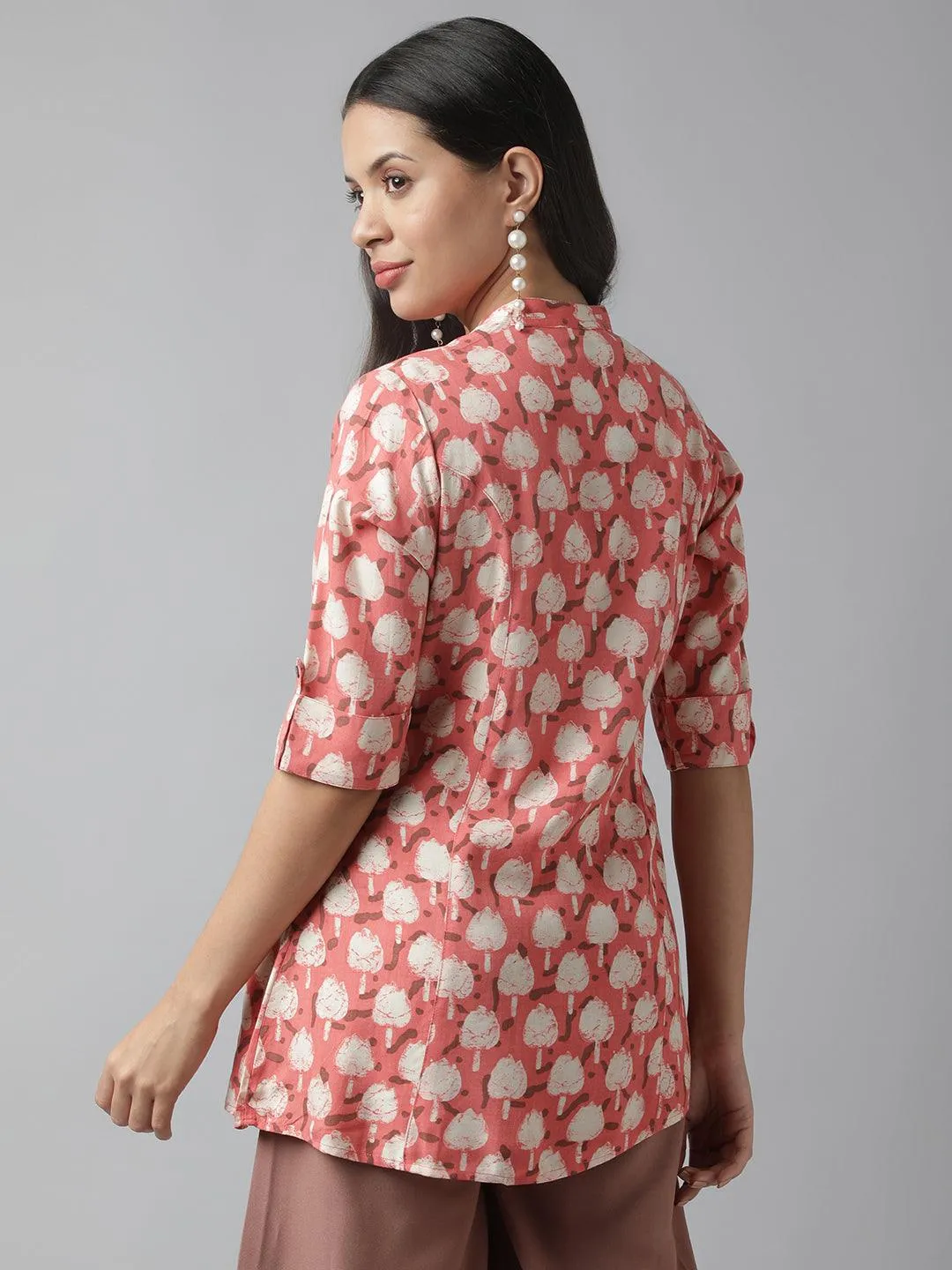 Jashvi Peach Floral Printed Rayon A-line Shirt Style Top