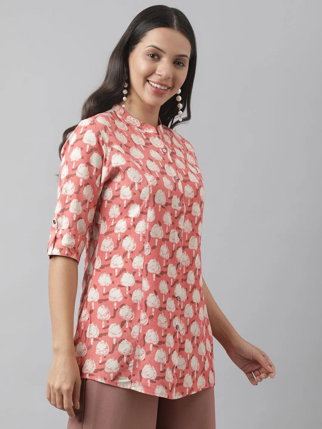 Jashvi Peach Floral Printed Rayon A-line Shirt Style Top