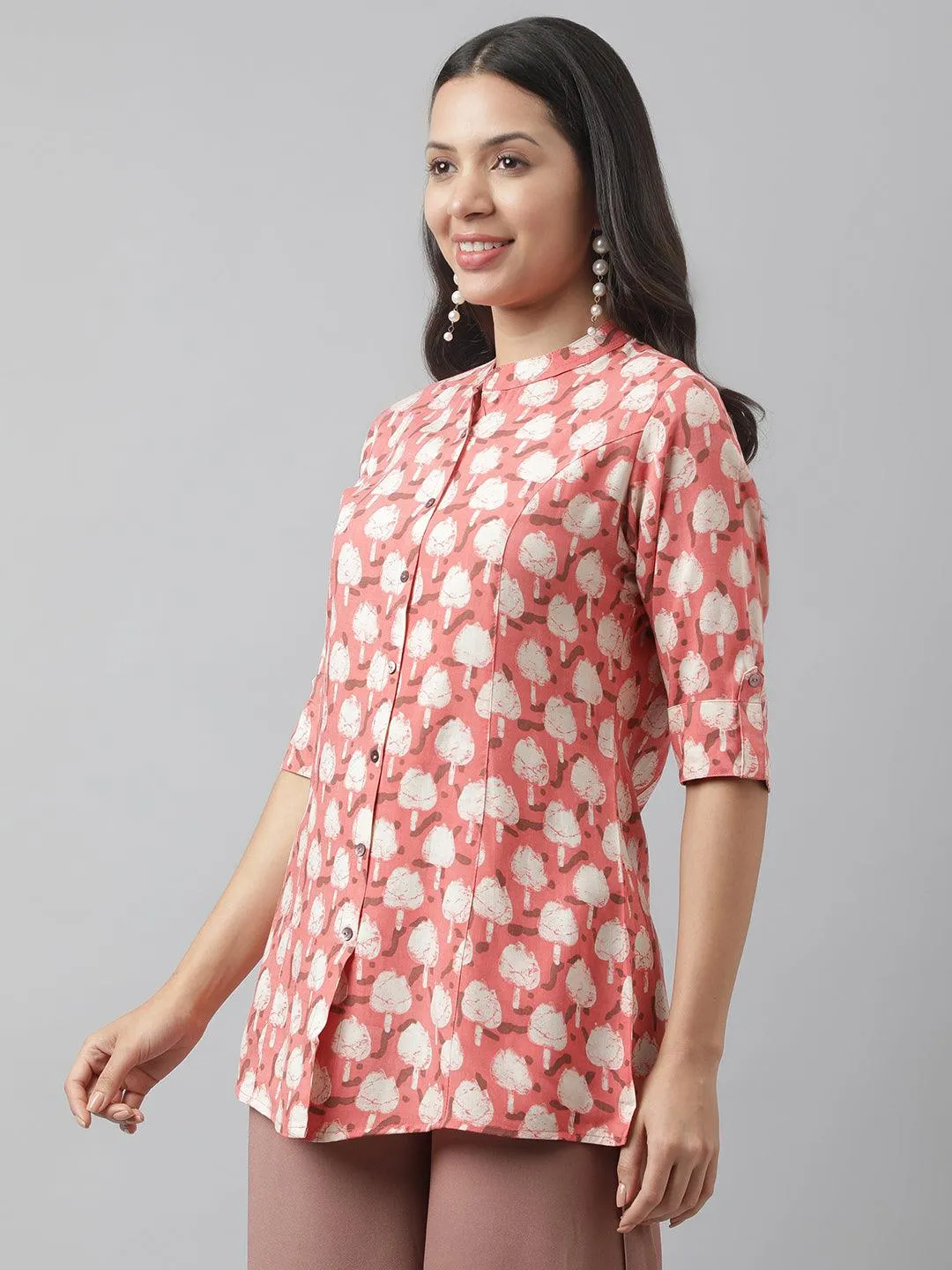 Jashvi Peach Floral Printed Rayon A-line Shirt Style Top