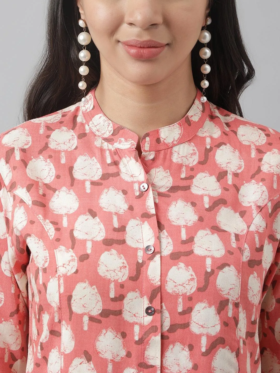 Jashvi Peach Floral Printed Rayon A-line Shirt Style Top