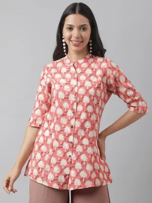 Jashvi Peach Floral Printed Rayon A-line Shirt Style Top