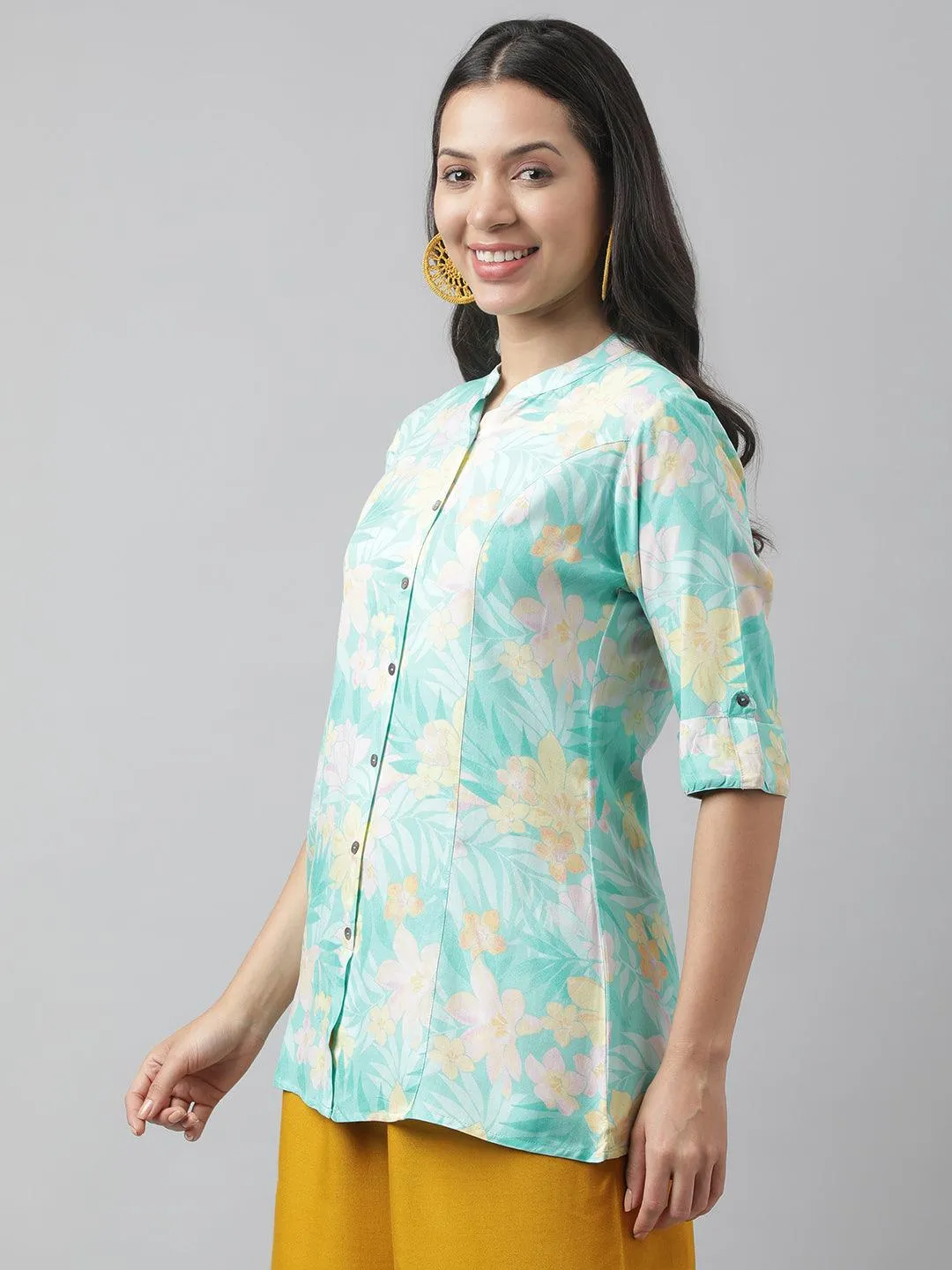 Jashvi Sea Green Floral Printed Rayon A-line Shirt Style Top