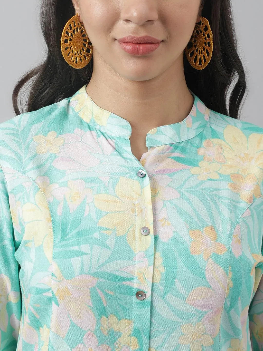 Jashvi Sea Green Floral Printed Rayon A-line Shirt Style Top