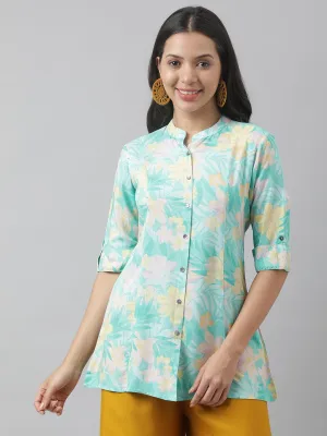 Jashvi Sea Green Floral Printed Rayon A-line Shirt Style Top