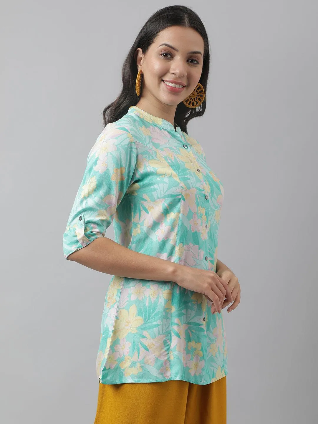 Jashvi Sea Green Floral Printed Rayon A-line Shirt Style Top