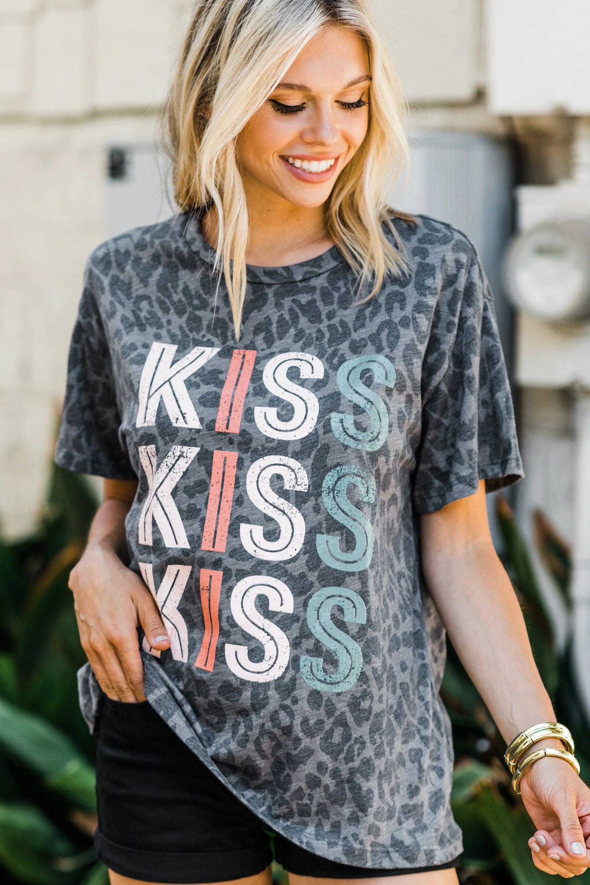 Kiss Kiss Charcoal Gray Leopard Graphic Tee