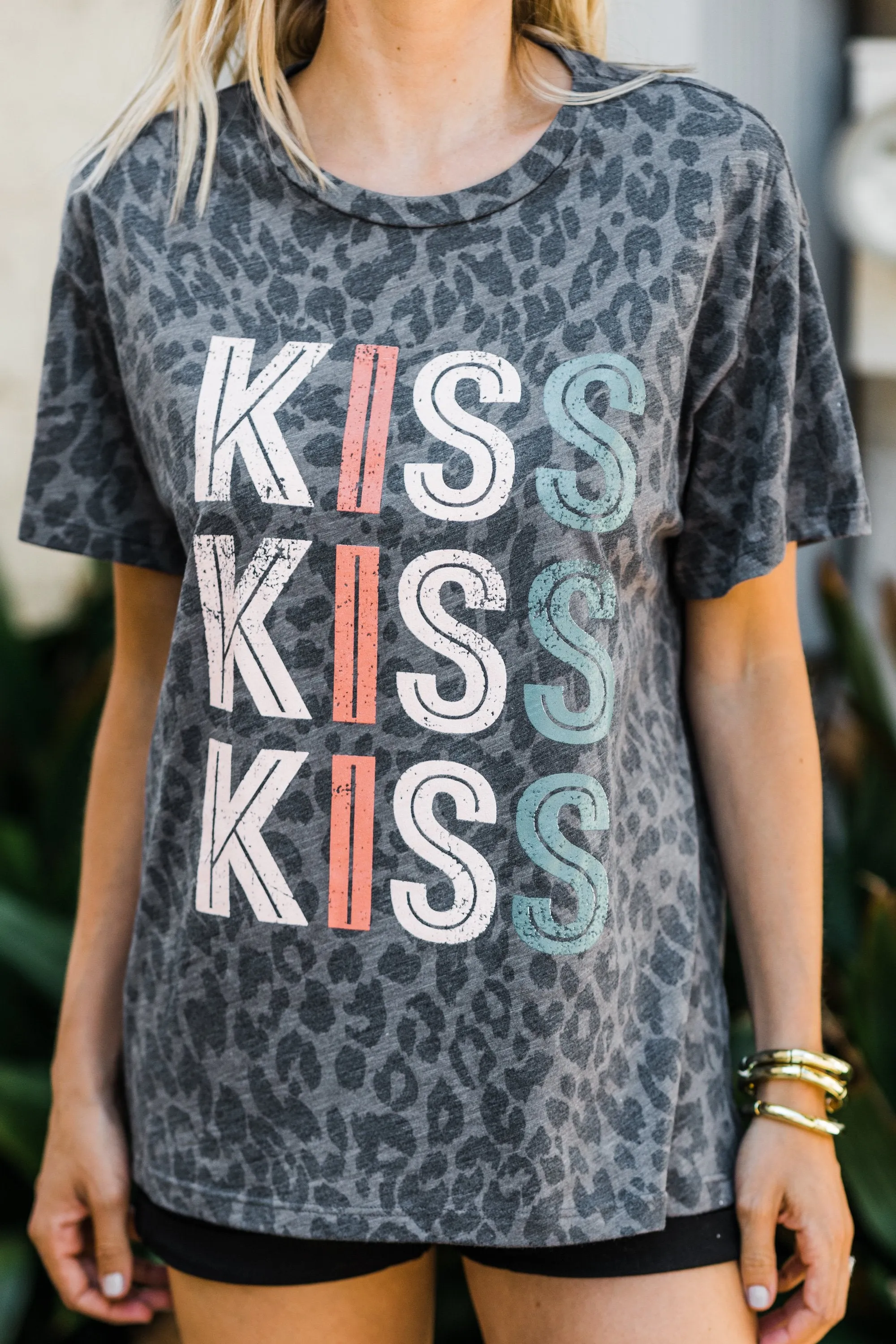 Kiss Kiss Charcoal Gray Leopard Graphic Tee