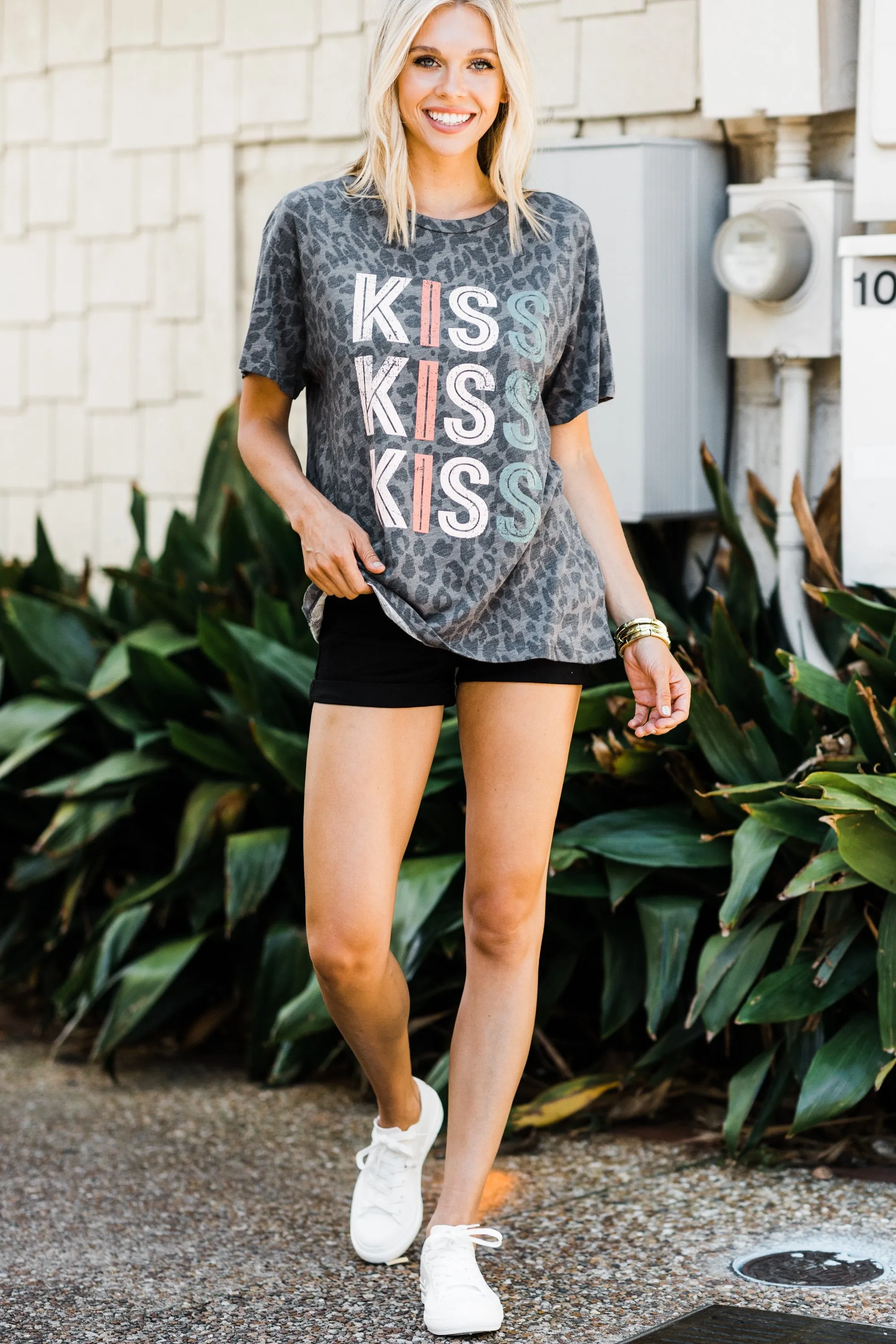 Kiss Kiss Charcoal Gray Leopard Graphic Tee