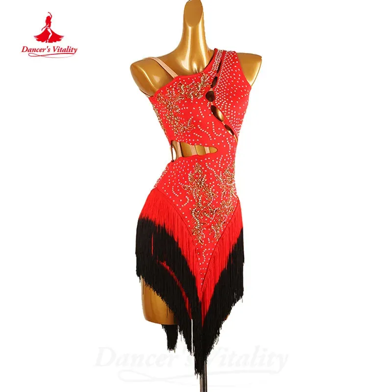 Latin Dance Competition Dress Customized Senior AB Stones Tassel Dress Women Tango Rumba Samba Professional Performance Costume