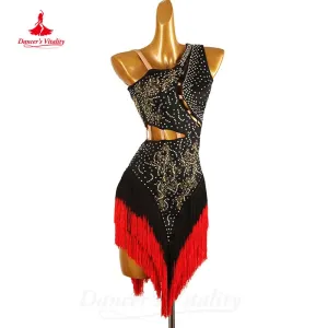 Latin Dance Competition Dress Customized Senior AB Stones Tassel Dress Women Tango Rumba Samba Professional Performance Costume