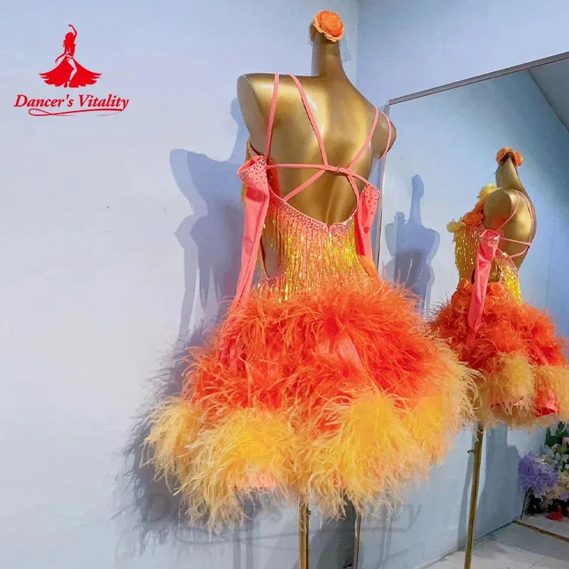 Latin Dance Costumes Senior AB Stones Feather Tassel Dress Women's Customization Chacha Tango Professional Performance Costume