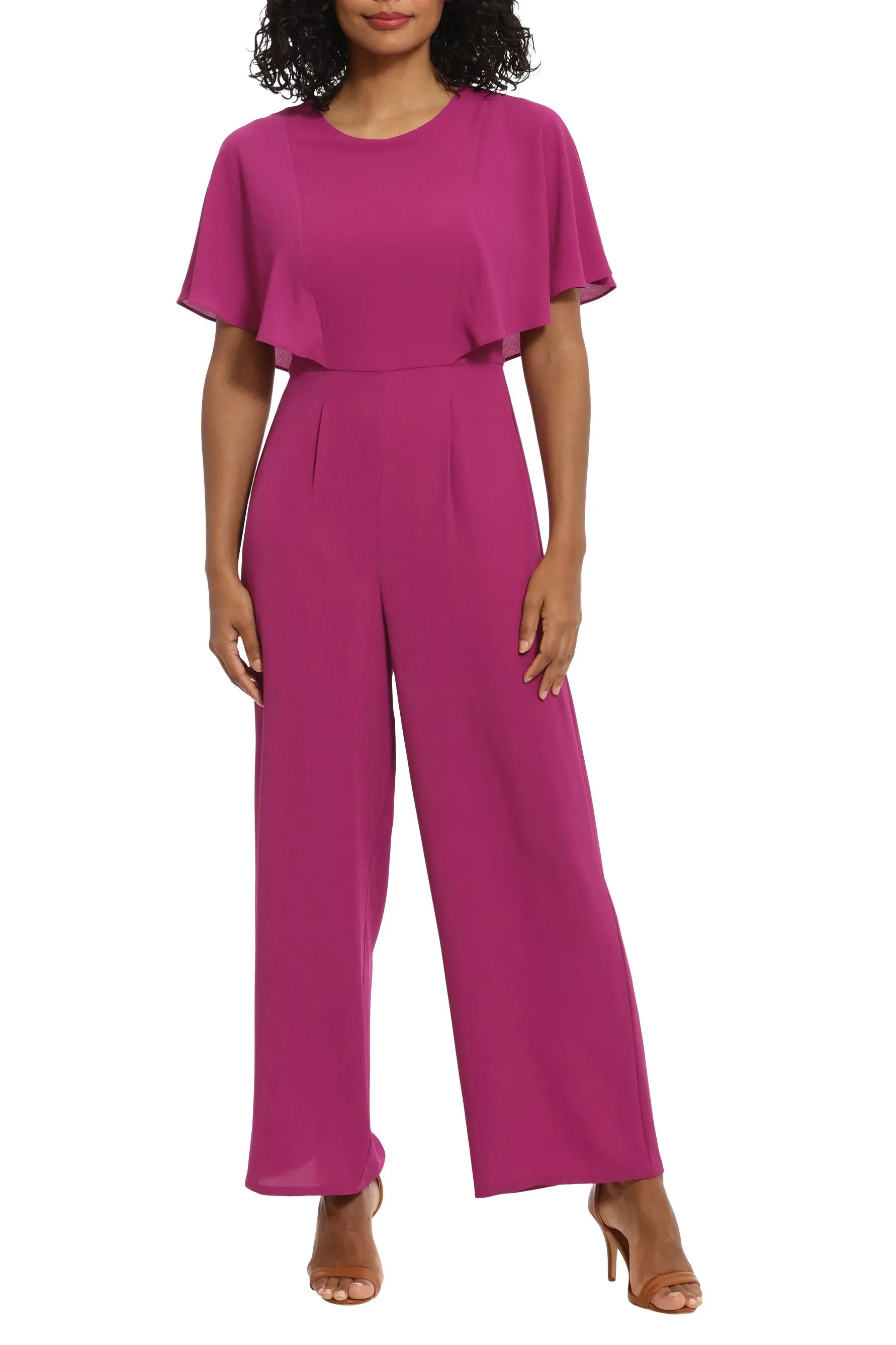 London Times crew neck flutter sleeve wide leg pleated pants bubble crepe jumpsuit