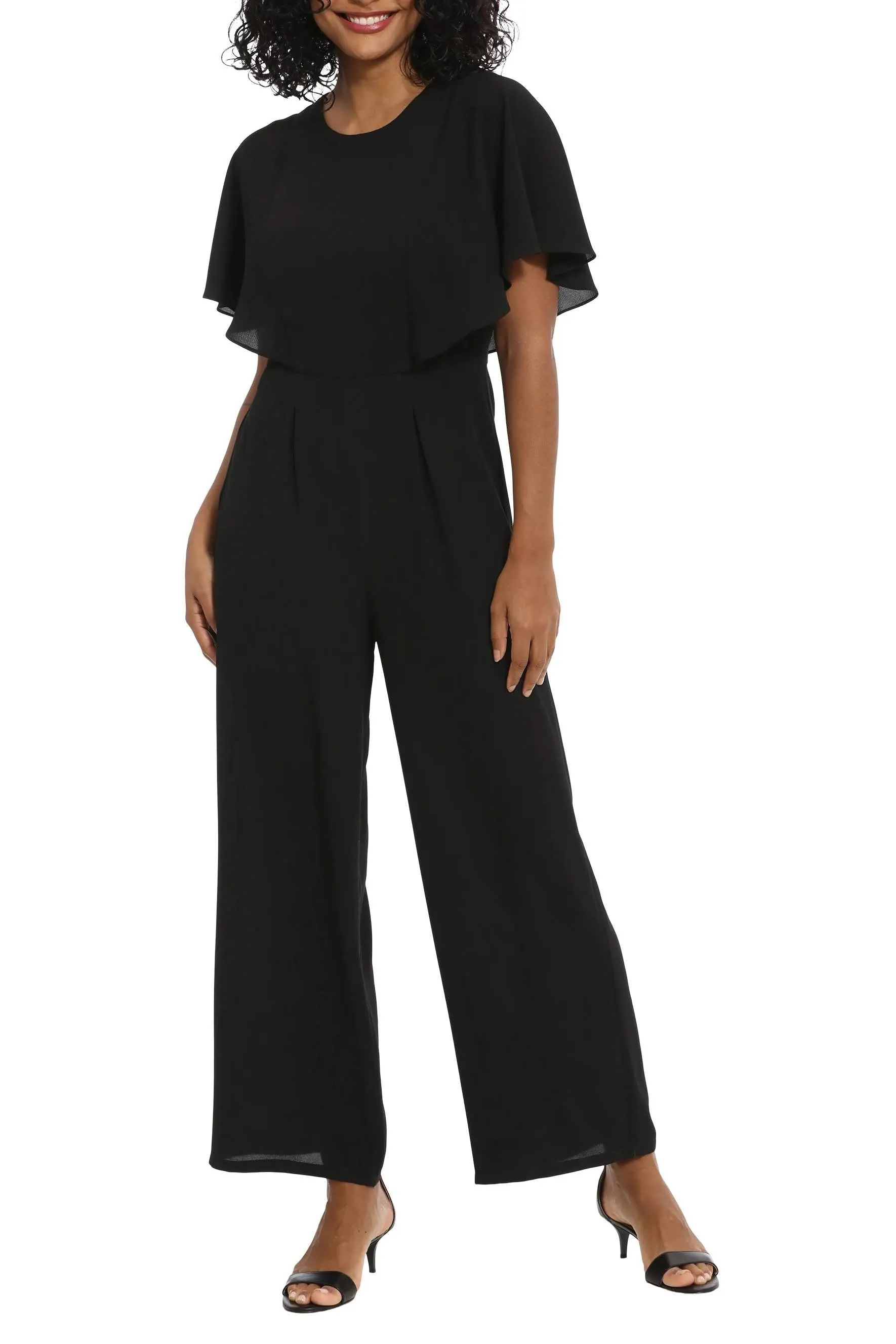 London Times crew neck flutter sleeve wide leg pleated pants bubble crepe jumpsuit